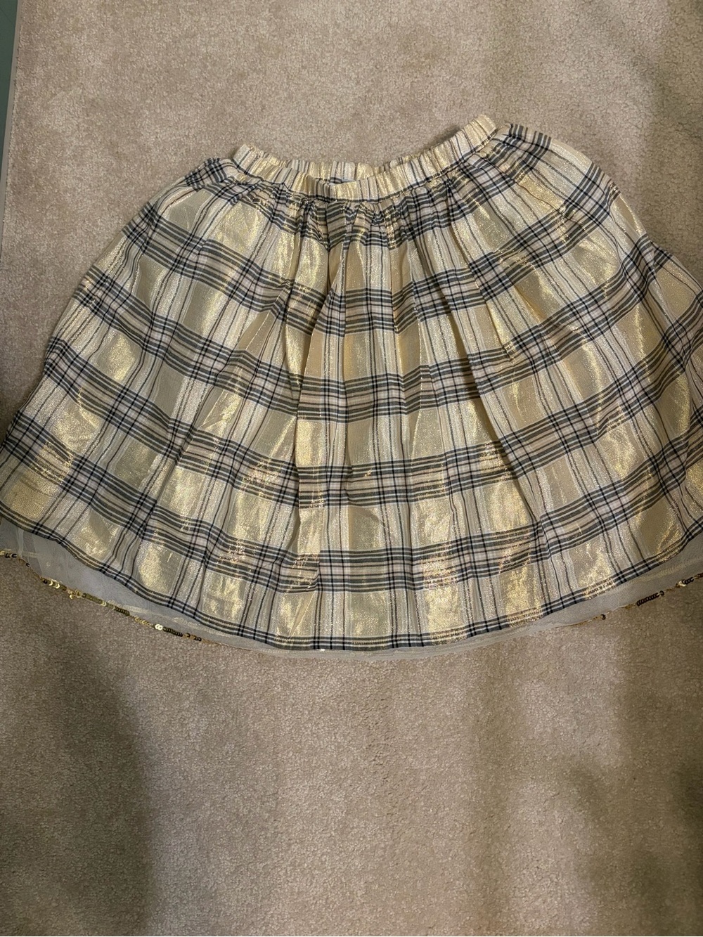Crewcuts Metallic Gold Plaid Holiday Skirt | Sequin Trim | Girls Medium (8-9)